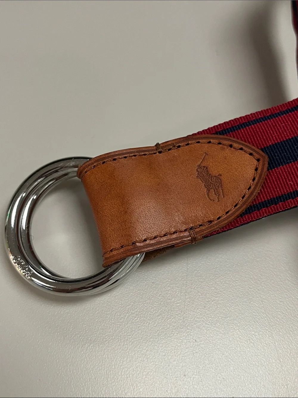 Polo Ralph Lauren Red & Navy Striped Fabric Belt w/ Leather Tab reversible